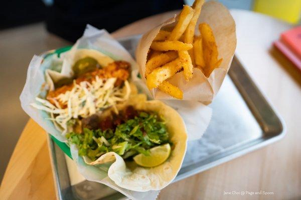 Combination meal - two tacos and sesame fries