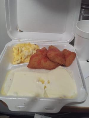 Flounder cheese eggs and cheese grits. They also have a restaurant next door that sell steam and fries seafood platters.