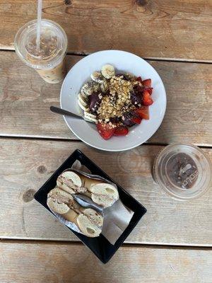 Açaí bowl and bagel with cinnamon sugar cream cheese