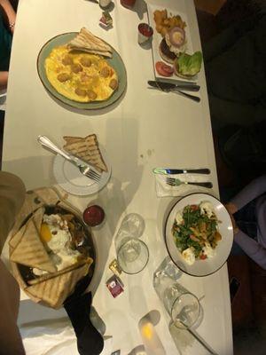 Steak and egg hash, egg and tater tot frittata, breakfast burger, and peach and burrata salad.