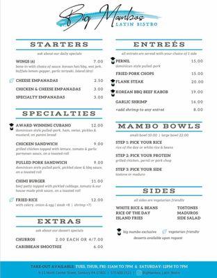 Big Mambos menu from Facebook