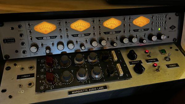 Vintage Neve 1073 along with new UA 710 mic pre's make for unbeatable audio quality.