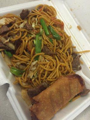 Beef Lo mein and a shrimp roll