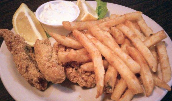 Kid's catfish plate, tiny pieces, stringy meat, thumbs down