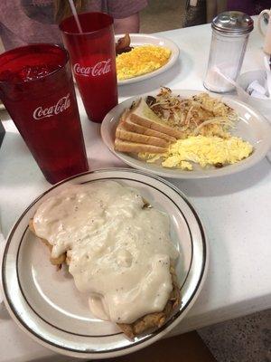 Chicken fried steak breafast with toast, hash browns and eggs your way (mine is scrambled)