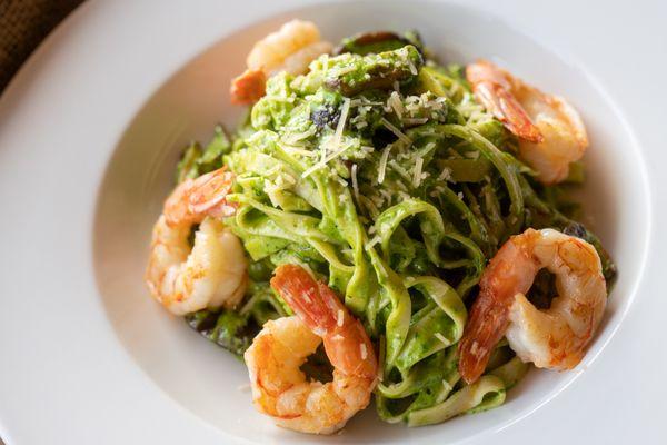 Housemade Tagliatelle with Pesto and Shrimp