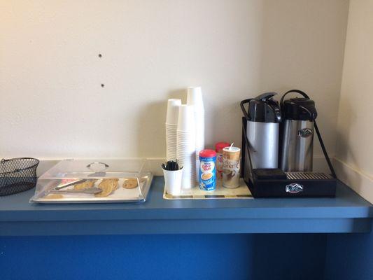 Stale cookies and coffee. No vending.