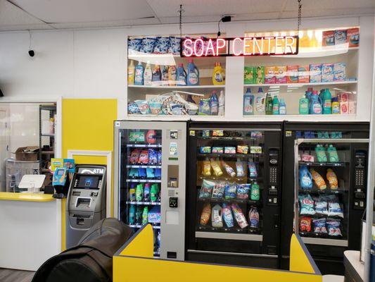 Soap centers are always stocked with the best detergent and softener products. These machines have everything you would need.