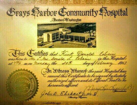 Kurt Donald Cobain was born to Mr. & Mrs. Donald L. Cobain in this hospital at 7:38 pm on Monday the 20th day of February 1967