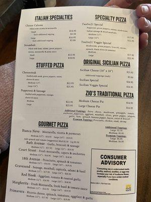 Menu 9/24 stuffed pizza gourmet pizza Italian specials Sicilian pizzas traditional pizzas