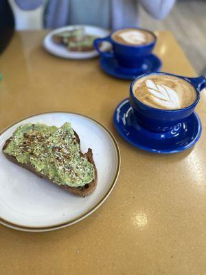 Yummy avocado toast and oat milk latte