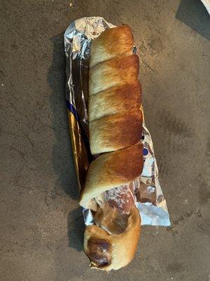 Undercooked pretzel dog