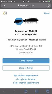 Appointment confirmation. I was told I must've only selected "Meeting" because they didn't have my boyfriend down for a haircut.