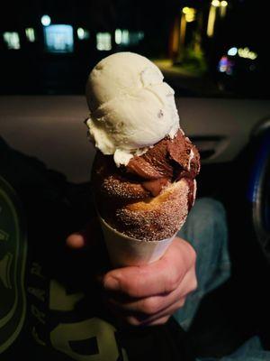 Banana and chocolate in a cinnamon chimney cone, my husband loved it