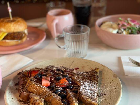 Breakfast sandwich, French toast, birria chilaquiles