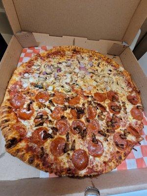 Half Pepperoni & Sausage, Half Onions & Peppers large pizza