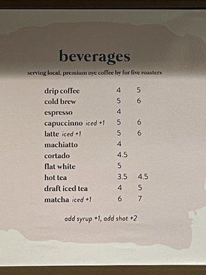 Coffee and tea menu