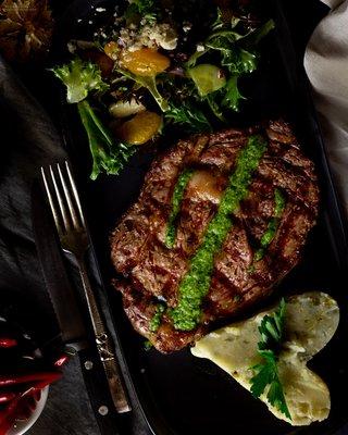 Ribeye with Poblano mashed potatoes and House salad