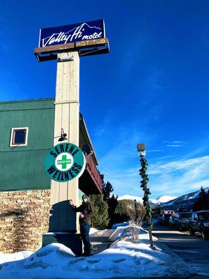 Hotel sign on road