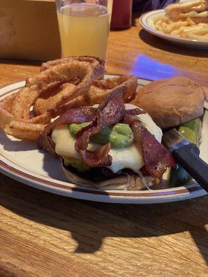 Shantytown burger with onion rings.   Spot on!