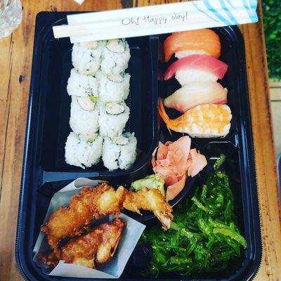 Sushi Bento $12.99 8-pc California roll  4 sushi  Gyoza & Shrimp Tempura Seaweed Salad