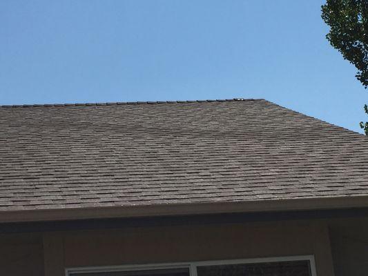 Defect in die lots of shingles placed on roof by ACE, no supervision or review of work by management.Note unsightly nails in ridge row.