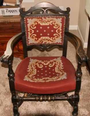 This was grandmother's chair we took off the needle point retired the  springs and then put it back to original condition