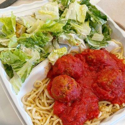 Spaghetti with Beef Meatballs w/ Caesar Salad (daily special, 5/17/17)