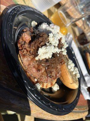 Peppercorn Aioli burger and side of blue cheese potato salad