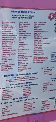 Menu- shaved ice flavors