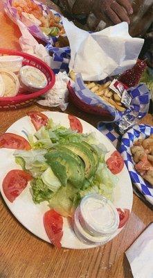 Avocado Salad, 1 lb shrimp, fries, onion rings