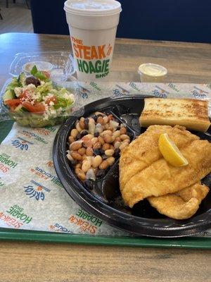 2 piece flounder plate with Grecian Beans, Greek salad and garlic toast.