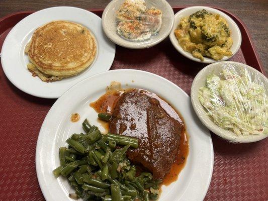 Meatloaf with green beans, coleslaw, broccoli cheese and Cajun corn bread