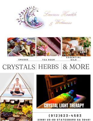 Lauren Health & Wellness 

Metaphysical Store Crystal Rocks Minerals Full Herb Room Tea Room Candles Oils Sprays Jewelry Books Tarot