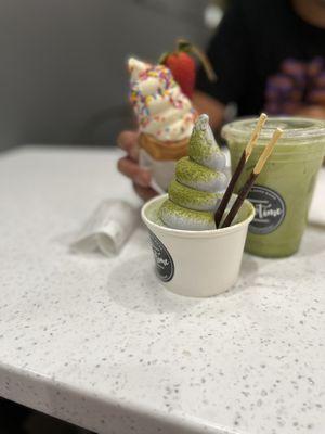 fish cone, cup of soft serve(taro w/matcha powder+ pocky, matcha latte