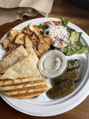 Jasmin Platter with 3 Sides  Jasmin Chicken Side Grape Leaves Side Greek Salad Side Basmati Rice Tzatziki & Pita