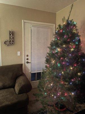 Loveseat on one wall, 3 seater couch on another, and a giant Christmas tree with room to still access the patio door!