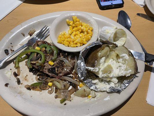 Ground Sirloin with baked potato and b corn. Halfway point. Gone in the next 5 minutes