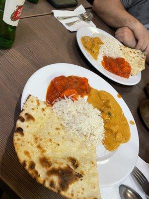 Chicken tikka masala.   Shrimp vindaloo naan and rice