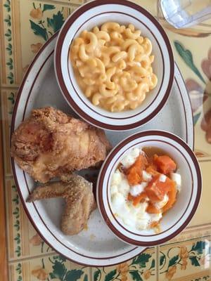 2pc fried chicken,macaroni & cheese, and sweet potatoes