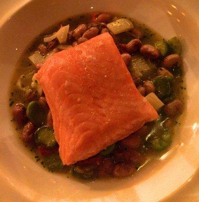 Salmon with mussels, shell beans, marjoram, tomato and fennel confit.