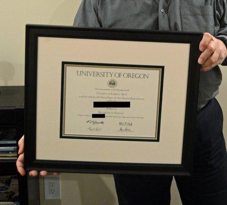 From review: my Dad's diploma that I had reprinted/framed as a gift. Love the suede green and metallic gold that Luke picked out.