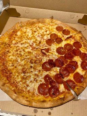 Large half pepperoni half Cheese Pizza