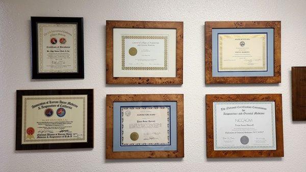 D' Joy Joun Harroll acupuncturist's credentials on wall Joy Acupuncture Mon 10-28-24