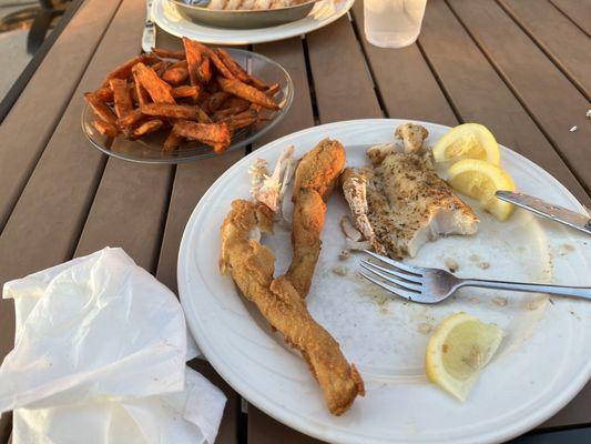 Broiled Walleye, deep fried frog legs, & sweet potato fries