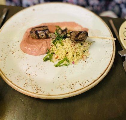 LAMB SKEWER mint tabbouleh, burgundy-cherry yogurt