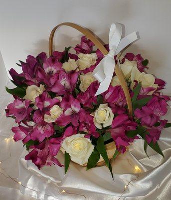 Basket Arrangement White Roses & Purple Alstroemerias.