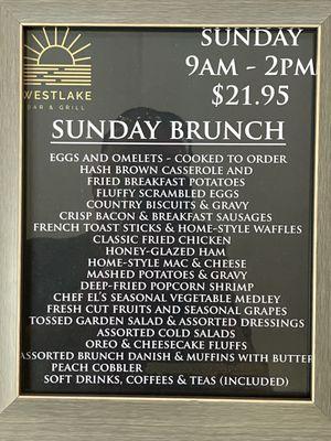 Lake side Sunday buffet brunch menu Oct 2024