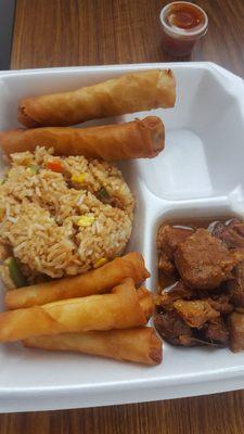 Adobo special with fried rice, egg rolls, crab Rangoon.