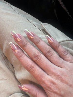 Gel fullset nails w/ Unicorn Chrome! (clear/sheer pink base)